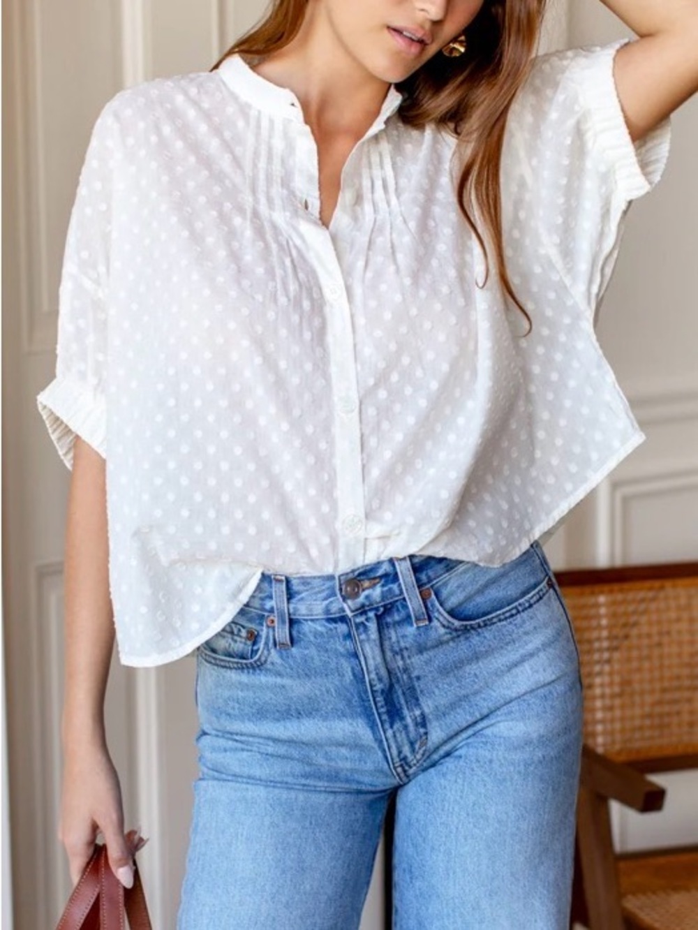 India Collection Emerson Fry White Salt Swiss Clip Dot Organic Cotton Top Blouse